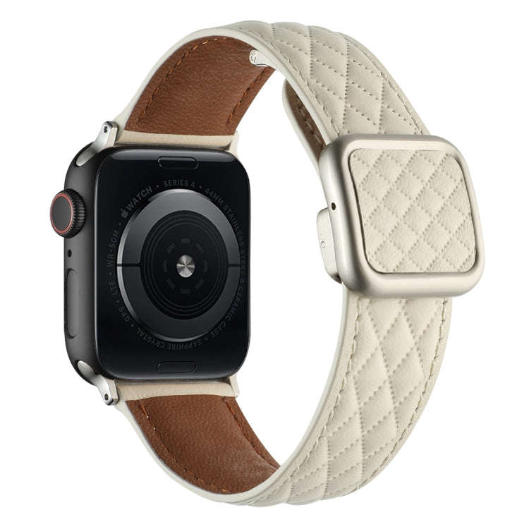 For Apple Watch Series 9 41mm Rhombus Pattern Magnetic Square Buckle Leather Watch Band(Creamy Wh...