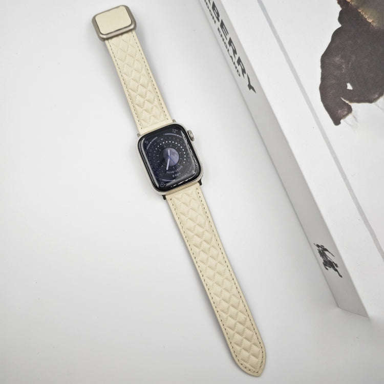For Apple Watch Series 9 41mm Rhombus Pattern Magnetic Square Buckle Leather Watch Band(Creamy Wh...