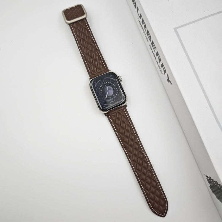 For Apple Watch Series 8 41mm Rhombus Pattern Magnetic Square Buckle Leather Watch Band(Dark Coffee)
