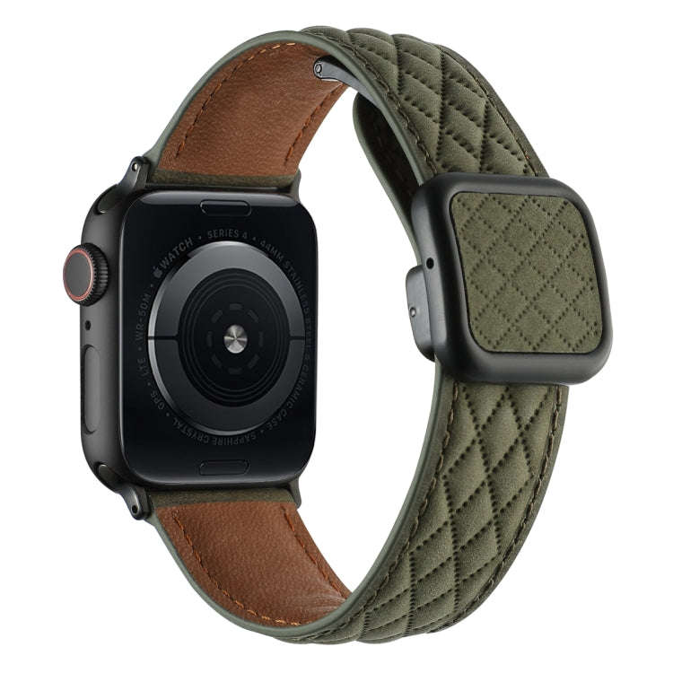 For Apple Watch SE 2022 44mm Rhombus Pattern Magnetic Square Buckle Leather Watch Band(Army Green)