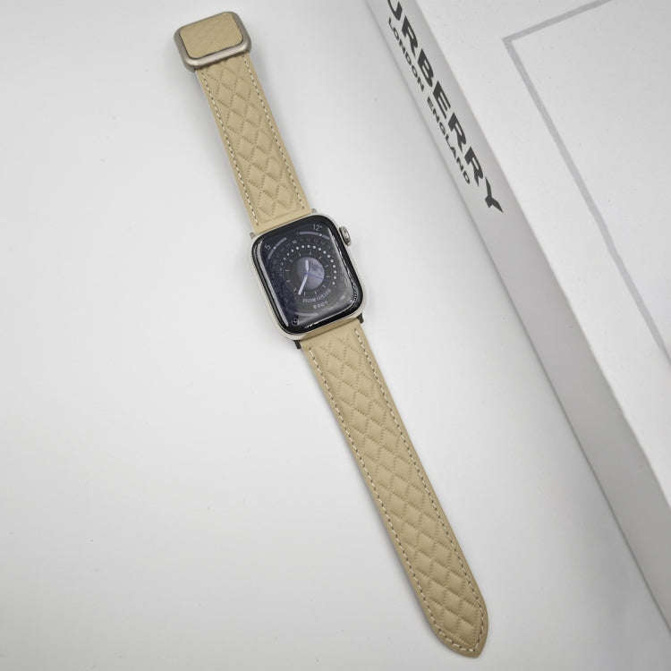 For Apple Watch Series 3 42mm Rhombus Pattern Magnetic Square Buckle Leather Watch Band(Starlight...