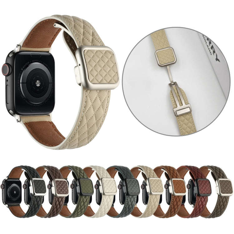 For Apple Watch Series 8 41mm Rhombus Pattern Magnetic Square Buckle Leather Watch Band(Dark Coffee)