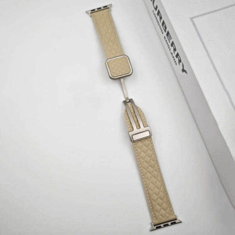 For Apple Watch Series 8 41mm Rhombus Pattern Magnetic Square Buckle Leather Watch Band(Dark Coffee)