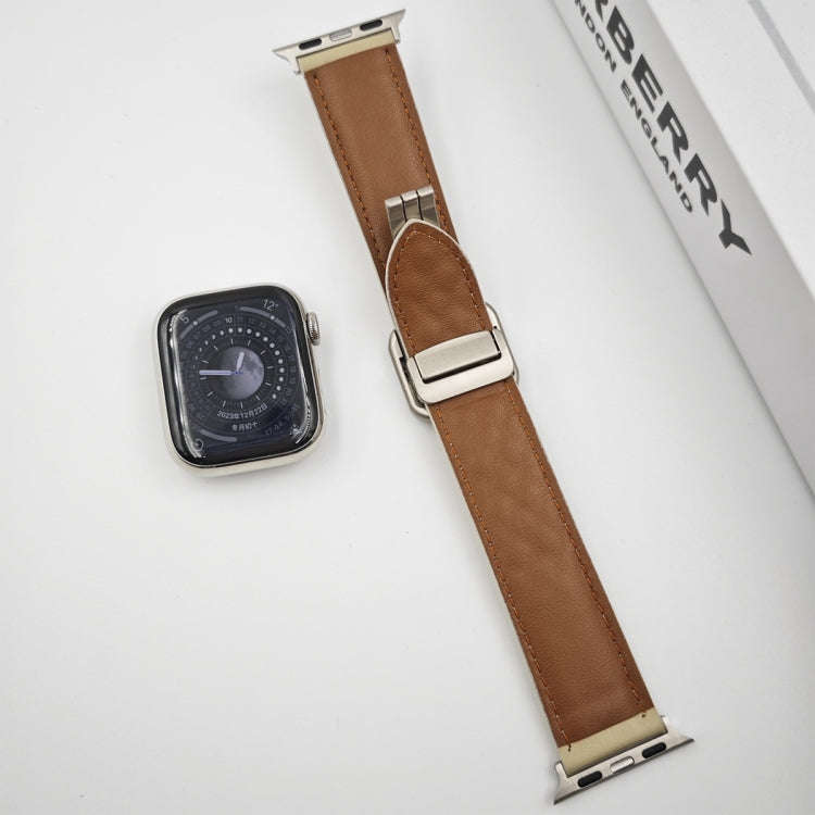 For Apple Watch Series 8 41mm Rhombus Pattern Magnetic Square Buckle Leather Watch Band(Dark Coffee)