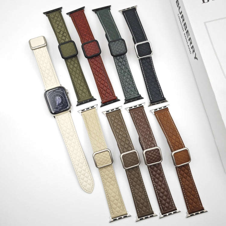 For Apple Watch Series 8 41mm Rhombus Pattern Magnetic Square Buckle Leather Watch Band(Dark Coffee)