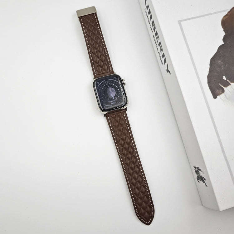 For Apple Watch SE 2023 44mm Rhombus Pattern Magnetic Folding Buckle Leather Watch Band(Dark Coffee)