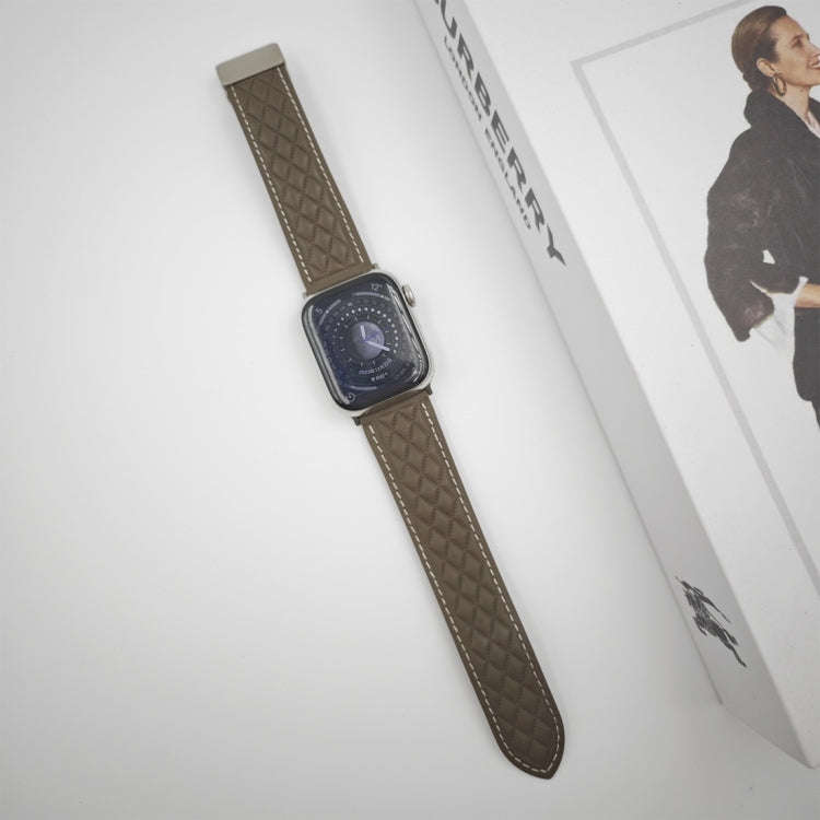 For Apple Watch SE 2023 44mm Rhombus Pattern Magnetic Folding Buckle Leather Watch Band(Brown)