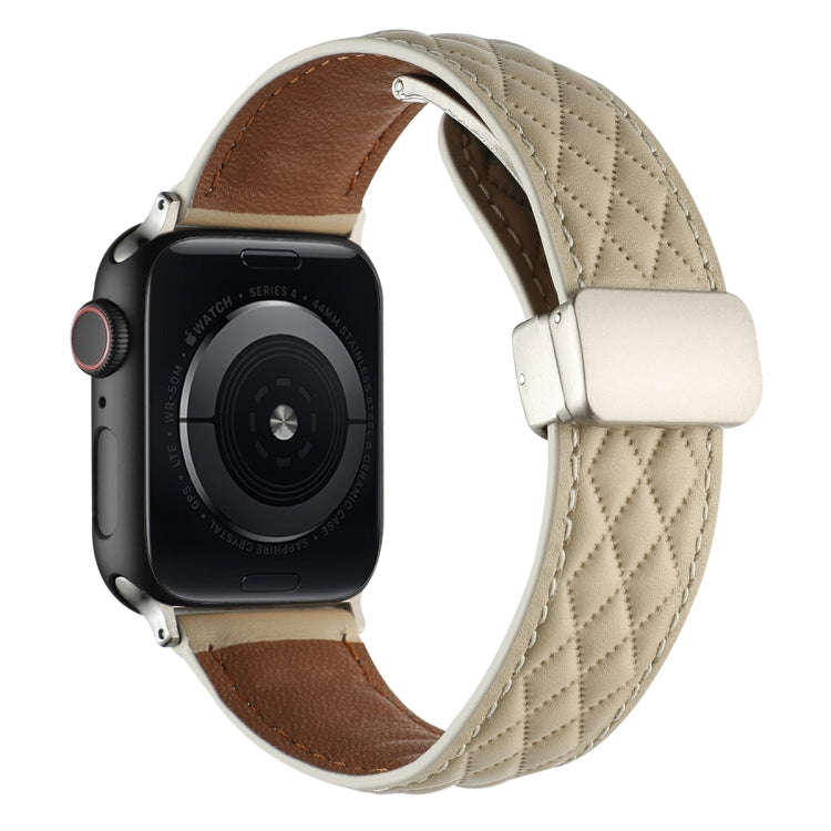 For Apple Watch SE 2023 40mm Rhombus Pattern Magnetic Folding Buckle Leather Watch Band(Starlight...