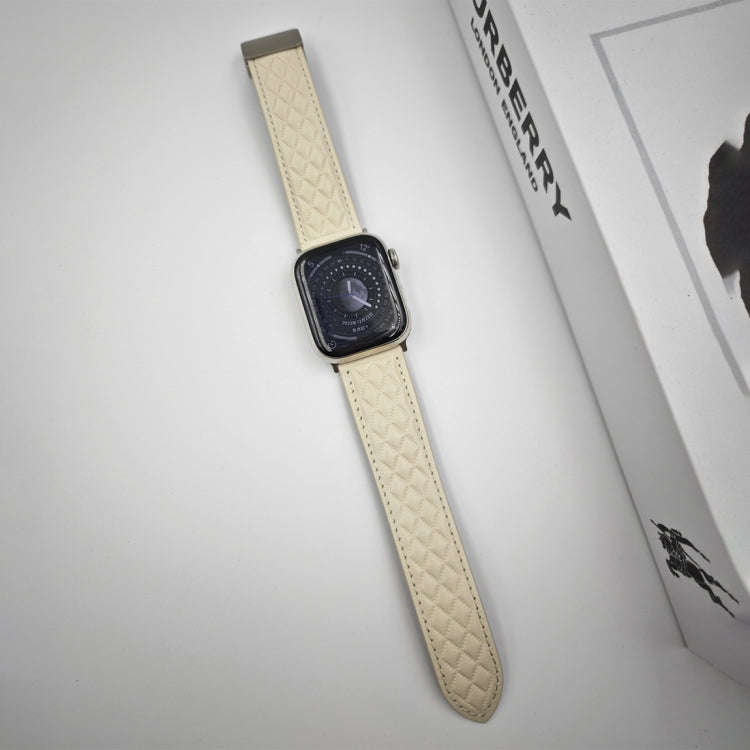 For Apple Watch Ultra 49mm Rhombus Pattern Magnetic Folding Buckle Leather Watch Band(Creamy White)
