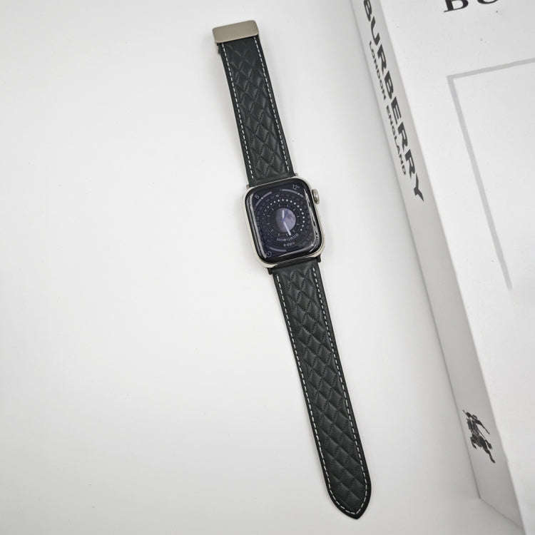 For Apple Watch SE 2022 40mm Rhombus Pattern Magnetic Folding Buckle Leather Watch Band(Dark Green)