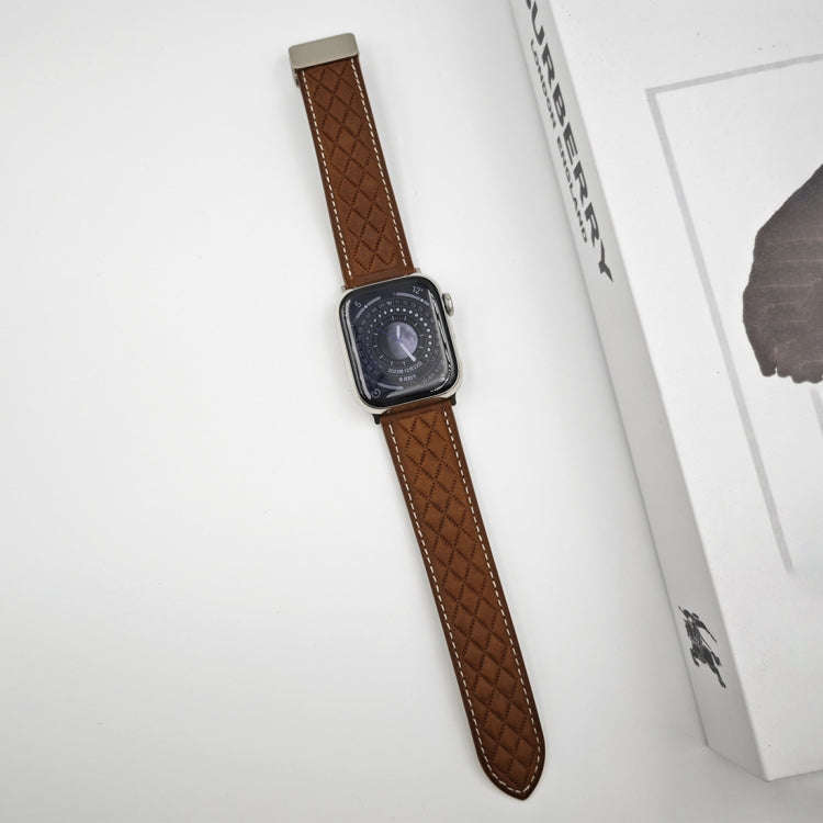 For Apple Watch SE 2022 44mm Rhombus Pattern Magnetic Folding Buckle Leather Watch Band(Dark Brown)