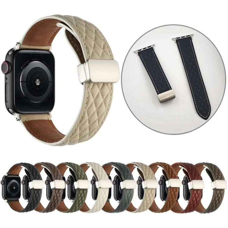 For Apple Watch SE 2022 44mm Rhombus Pattern Magnetic Folding Buckle Leather Watch Band(Dark Brown)