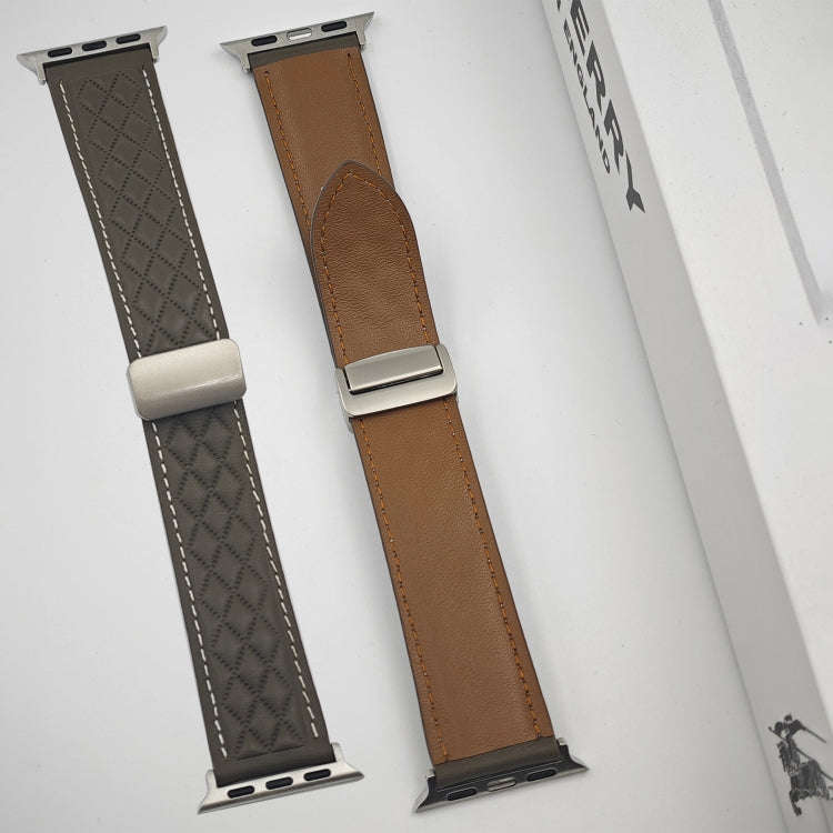 For Apple Watch SE 2022 44mm Rhombus Pattern Magnetic Folding Buckle Leather Watch Band(Dark Brown)