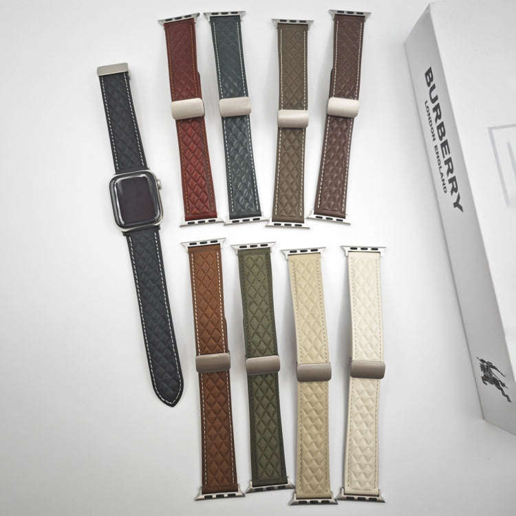 For Apple Watch SE 2022 44mm Rhombus Pattern Magnetic Folding Buckle Leather Watch Band(Dark Brown)