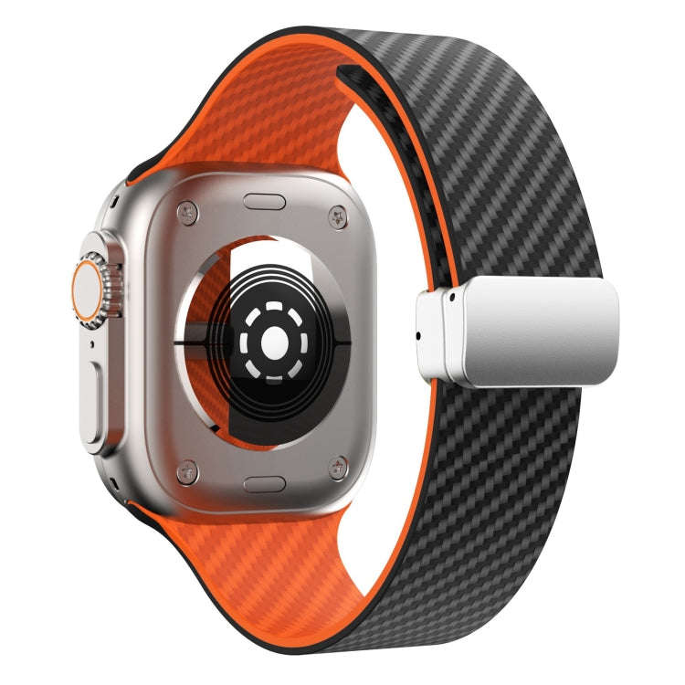 For Apple Watch SE 2023 44mm Carbon Fiber Magnetic Silver Buckle Watch Band(Black Orange)