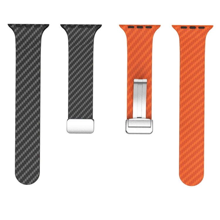 For Apple Watch SE 2023 44mm Carbon Fiber Magnetic Silver Buckle Watch Band(Black Orange)