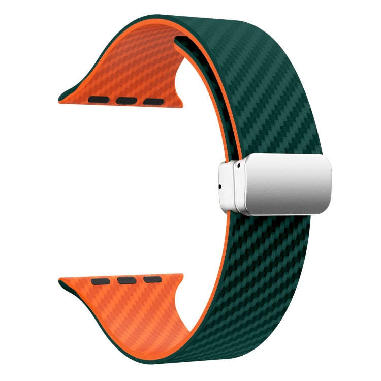 For Apple Watch SE 2023 40mm Carbon Fiber Magnetic Silver Buckle Watch Band(Deep Green Orange)