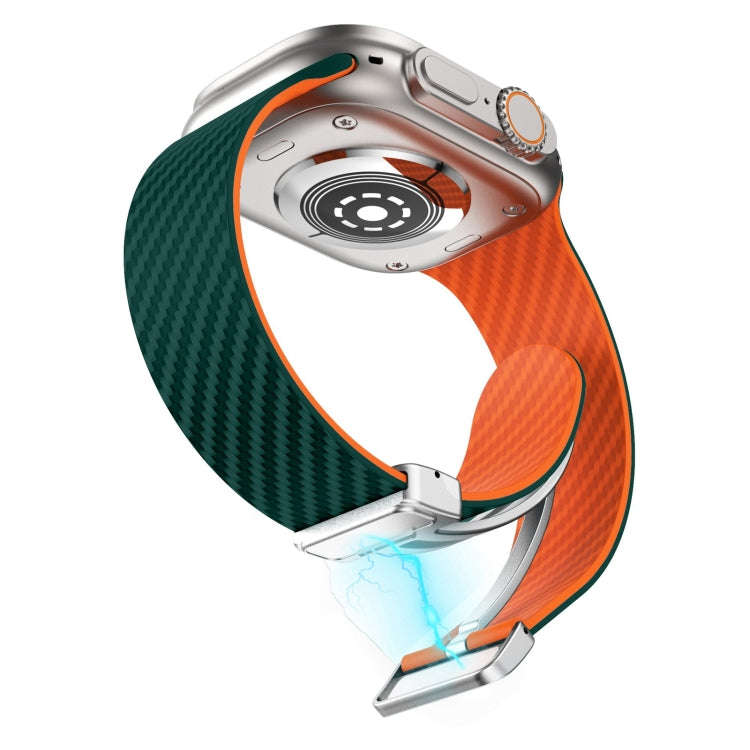 For Apple Watch SE 2023 40mm Carbon Fiber Magnetic Silver Buckle Watch Band(Deep Green Orange)