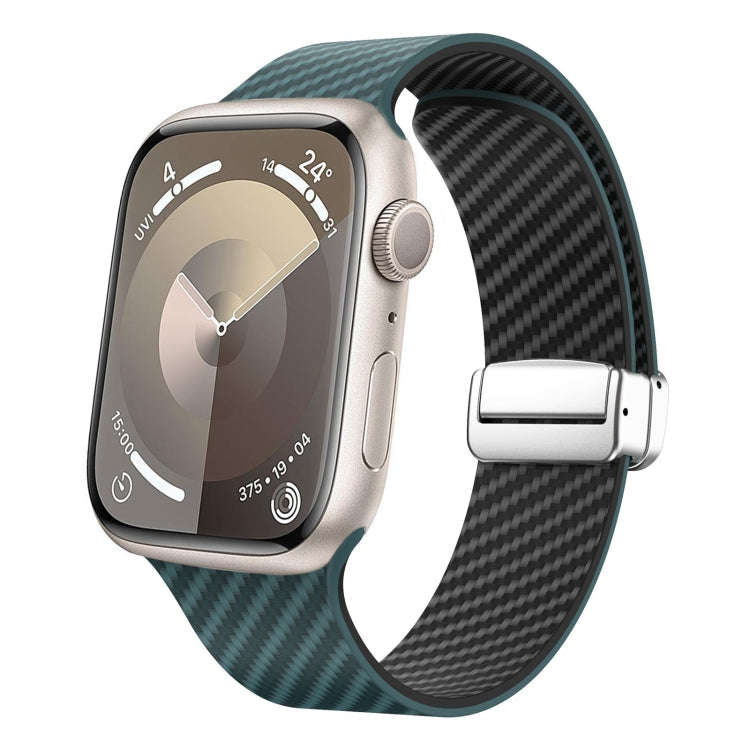 For Apple Watch SE 2023 40mm Carbon Fiber Magnetic Silver Buckle Watch Band(Deep Green Black)