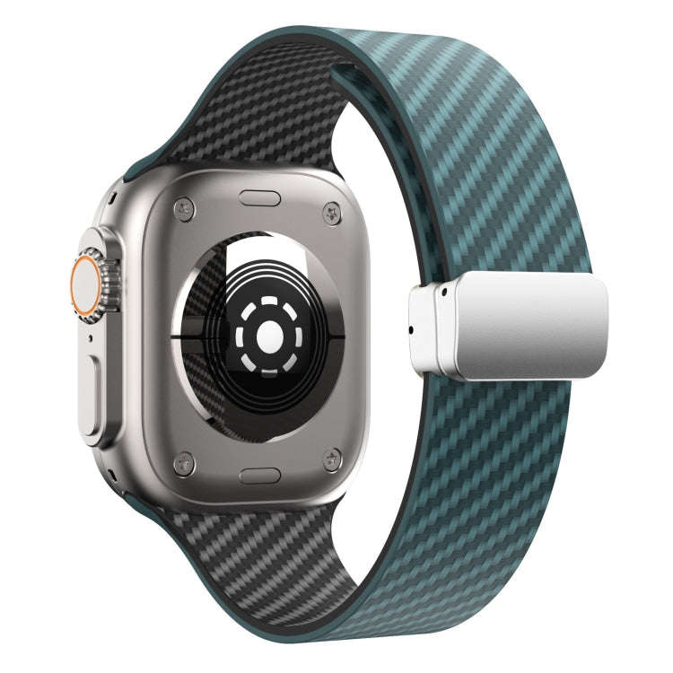 For Apple Watch SE 2023 40mm Carbon Fiber Magnetic Silver Buckle Watch Band(Deep Green Black)