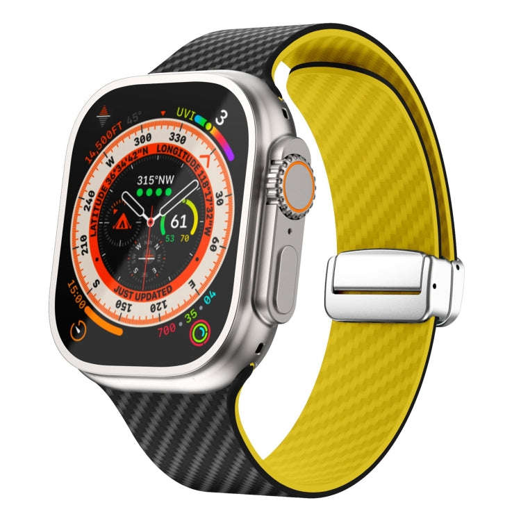 For Apple Watch Ultra 2 49mm Carbon Fiber Magnetic Silver Buckle Watch Band(Black Yellow)