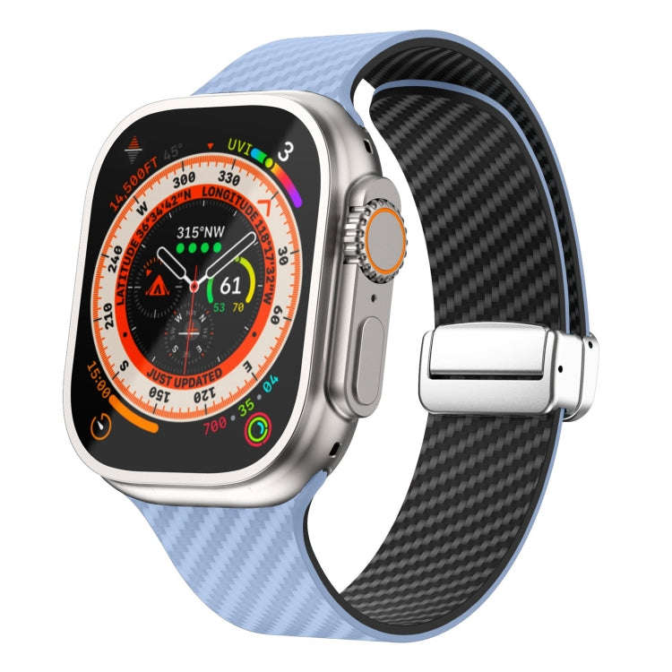 For Apple Watch Ultra 2 49mm Carbon Fiber Magnetic Silver Buckle Watch Band(Light Blue Black)