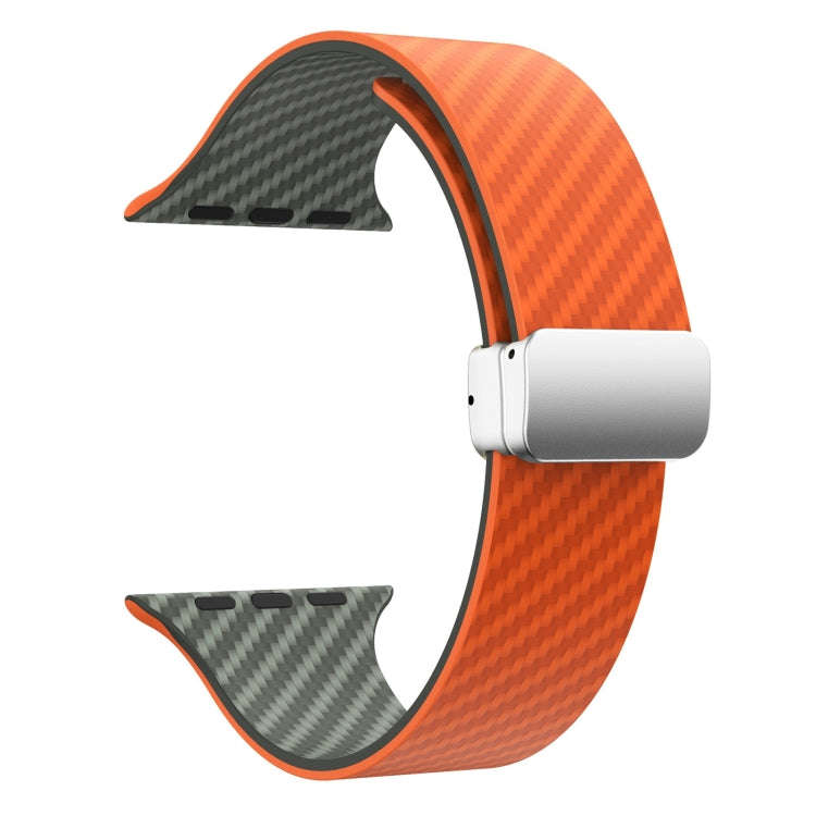For Apple Watch SE 44mm Carbon Fiber Magnetic Silver Buckle Watch Band(Orange Grass)