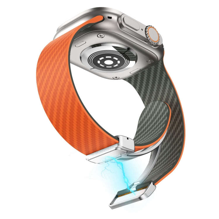 For Apple Watch SE 44mm Carbon Fiber Magnetic Silver Buckle Watch Band(Orange Grass)