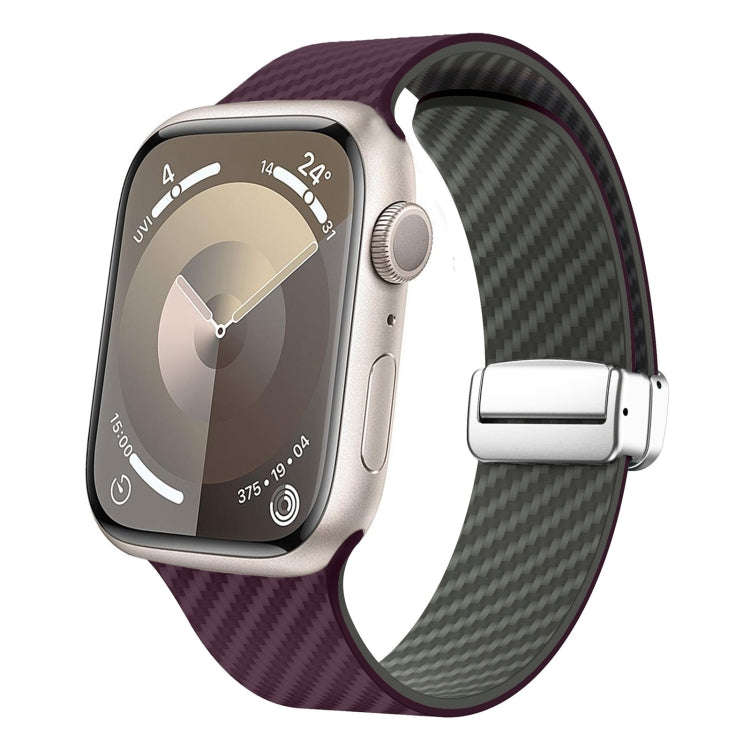 For Apple Watch SE 44mm Carbon Fiber Magnetic Silver Buckle Watch Band(Purple Green)