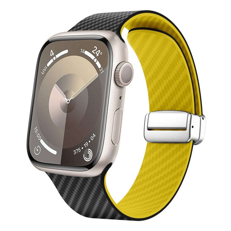 For Apple Watch Series 3 42mm Carbon Fiber Magnetic Silver Buckle Watch Band(Black Yellow)