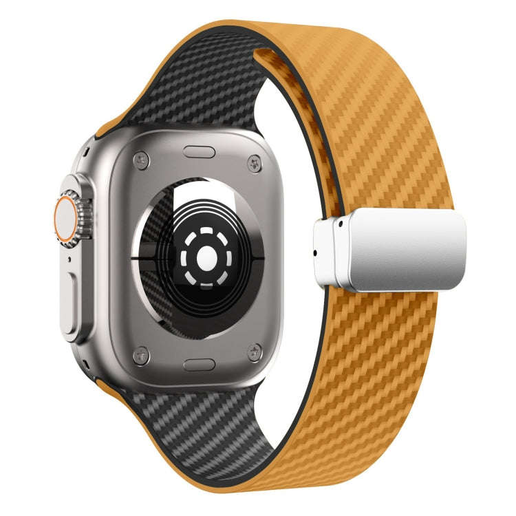 For Apple Watch 42mm Carbon Fiber Magnetic Silver Buckle Watch Band(Light Brown Black)