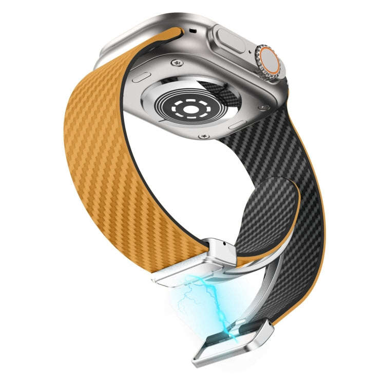 For Apple Watch 42mm Carbon Fiber Magnetic Silver Buckle Watch Band(Light Brown Black)