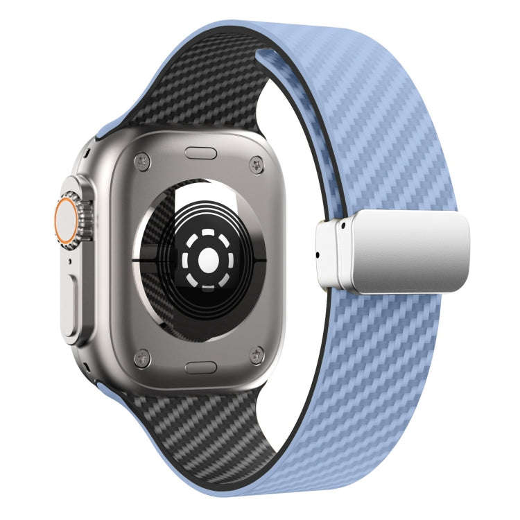 For Apple Watch 38mm Carbon Fiber Magnetic Silver Buckle Watch Band(Light Blue Black)