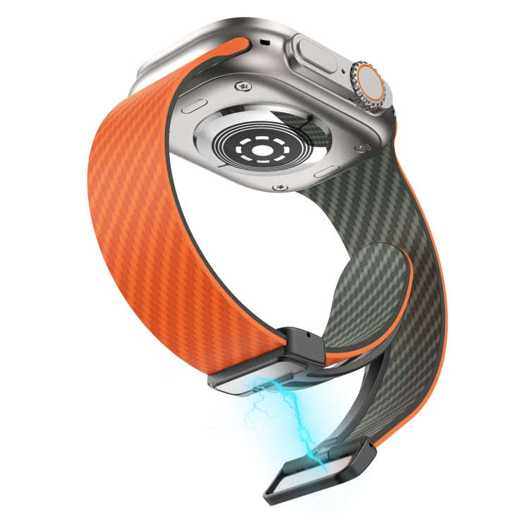 For Apple Watch SE 2023 44mm Carbon Fiber Magnetic Black Buckle Watch Band(Orange Grass)