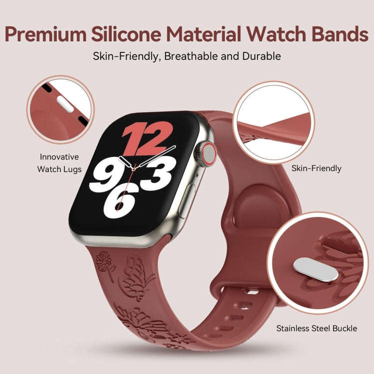 For Apple Watch Series 2 42mm Butterfly Flower Embossed Silicone Watch Band(Brick Red)