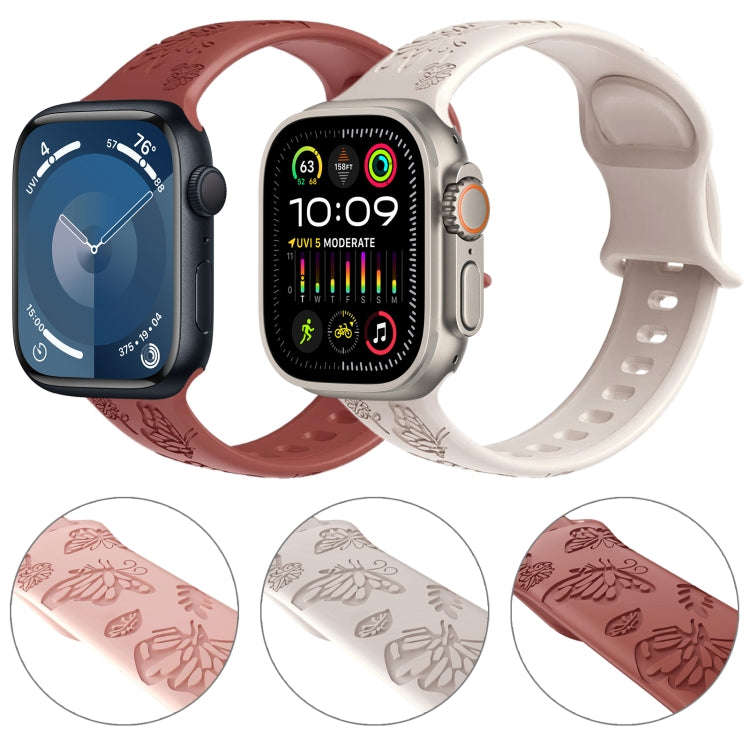 For Apple Watch Series 9 41mm Butterfly Flower Embossed Silicone Watch Band(Retro Rose)