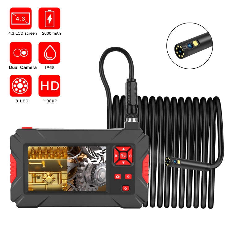 P30 8mm 1080P IP68 Waterproof 4.3 inch Screen Dual Camera Digital Endoscope, Length:10m Hard Cabl...