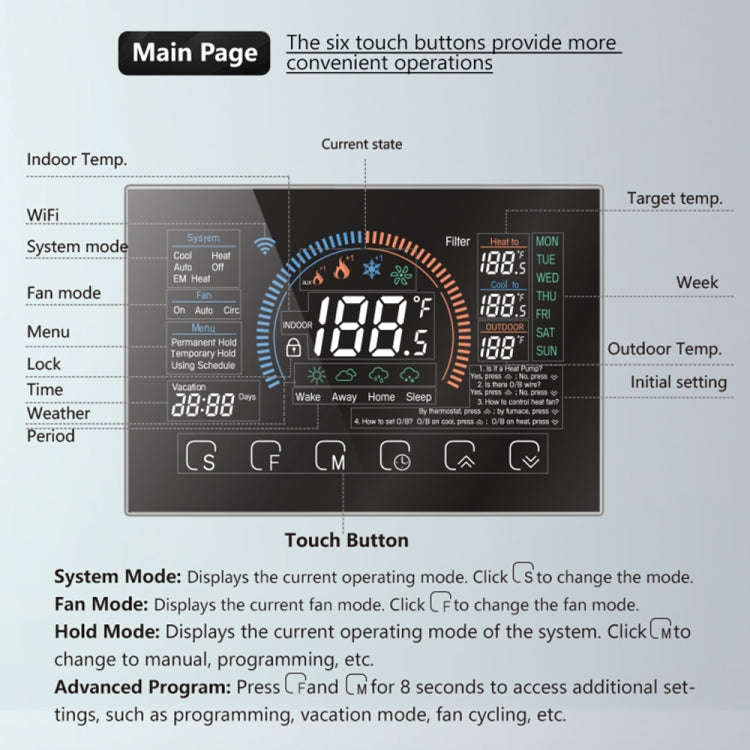 BHP-8000-SS 3H2C Smart Home Heat Pump Round Room Brushed Mirror Housing Thermostat without WiFi, ...