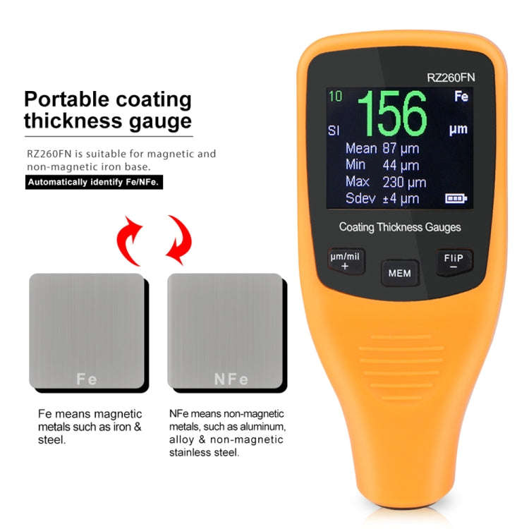RZ260FN Ferrous & Non-Ferrous 2 in 1 LCD Display Ultrasonic Coating Paint Thickness Gauge Meter T...