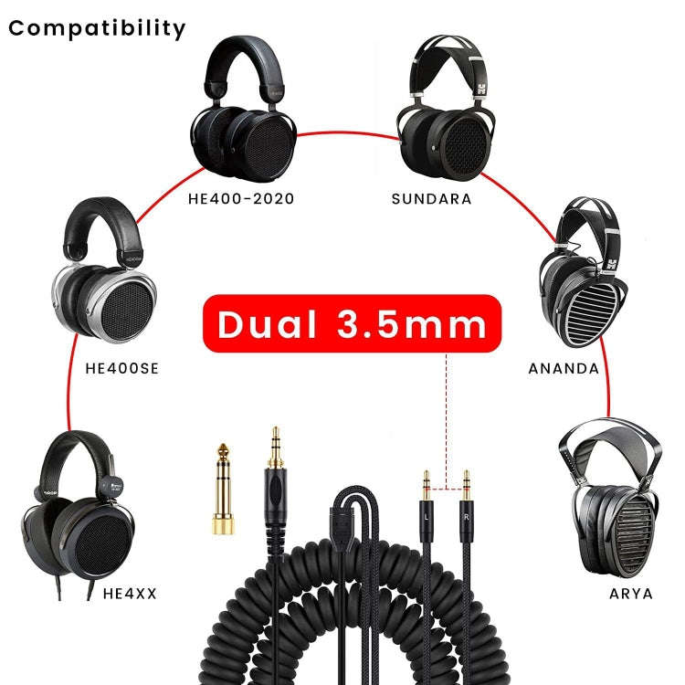 ZS0227 Headphone Dual 3.5mm Spring Audio Cable for Denon AH-D7100 7200 D600 D9200 5200 (Black)