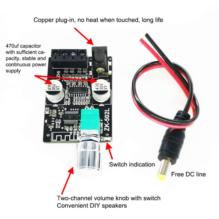 ZK-502L Bluetooth 5.0 12/24V Wireless Stereo Audio Digital Power Amplifier Board 50Wx2 Bluetooth ...
