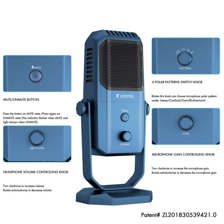 Yanmai SF-900 Multi-function Four Directivity Studio Recording Condenser Microphone with Desktop ...