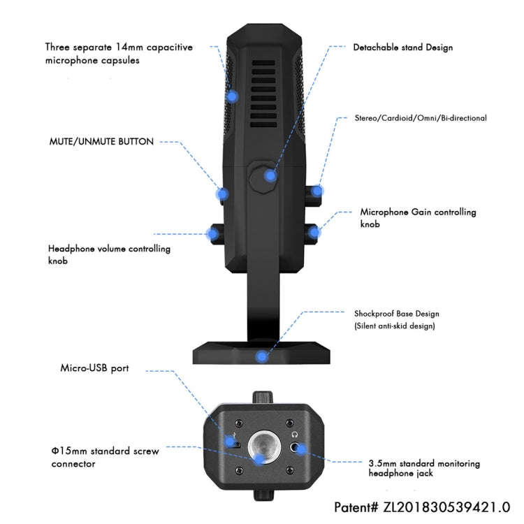 Yanmai SF-900 Multi-function Four Directivity Studio Recording Condenser Microphone with Desktop ...