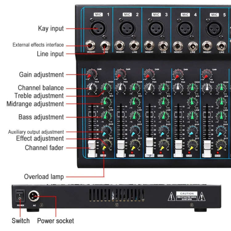 F7 Home 7-channel Bluetooth USB Reverb Mixer, EU Plug(Black)