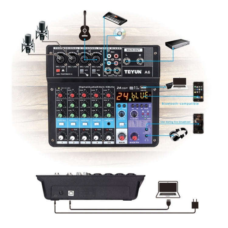 TEYUN NA6 6-channel Small Mixing Console Mobile Phone Sound Card Live Broadcast Computer Recordin...
