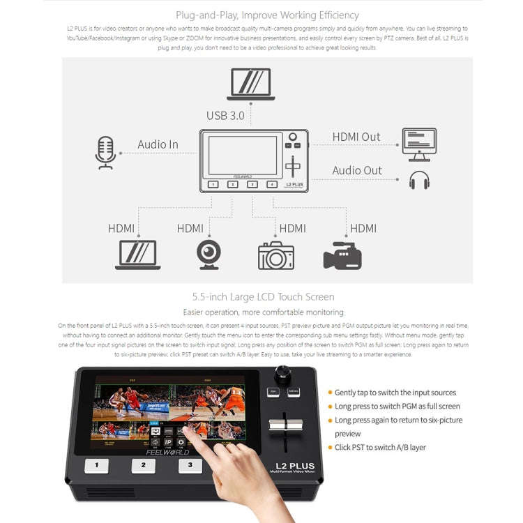 FEELWORLD L2 Plus Multi-camera Video Mixer Switcher with 5.5 inch Screen(UK Plug)