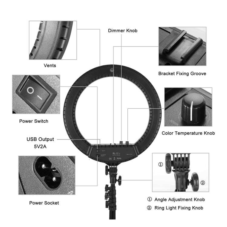 MANTOO RL-12 II 100-240V 28W 12 inch Two-color Dimmable Ring Fill Light with Tripod