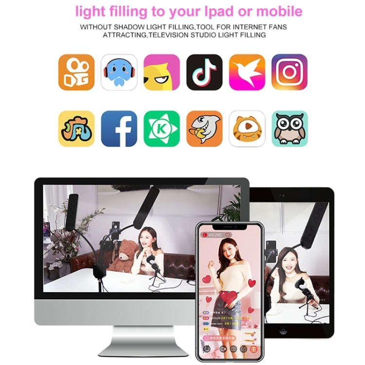 RK39 Portable Tri-color Adjustable Brightness Double Arms Fill Light with Phone Clip(Black)