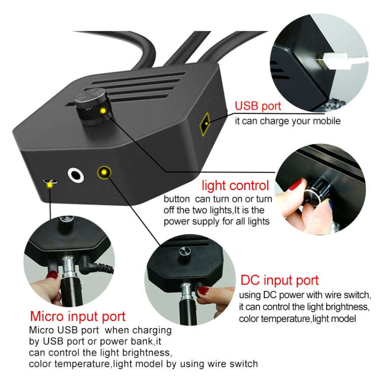 RK39 Portable Tri-color Adjustable Brightness Double Arms Fill Light with Phone Clip(Black)