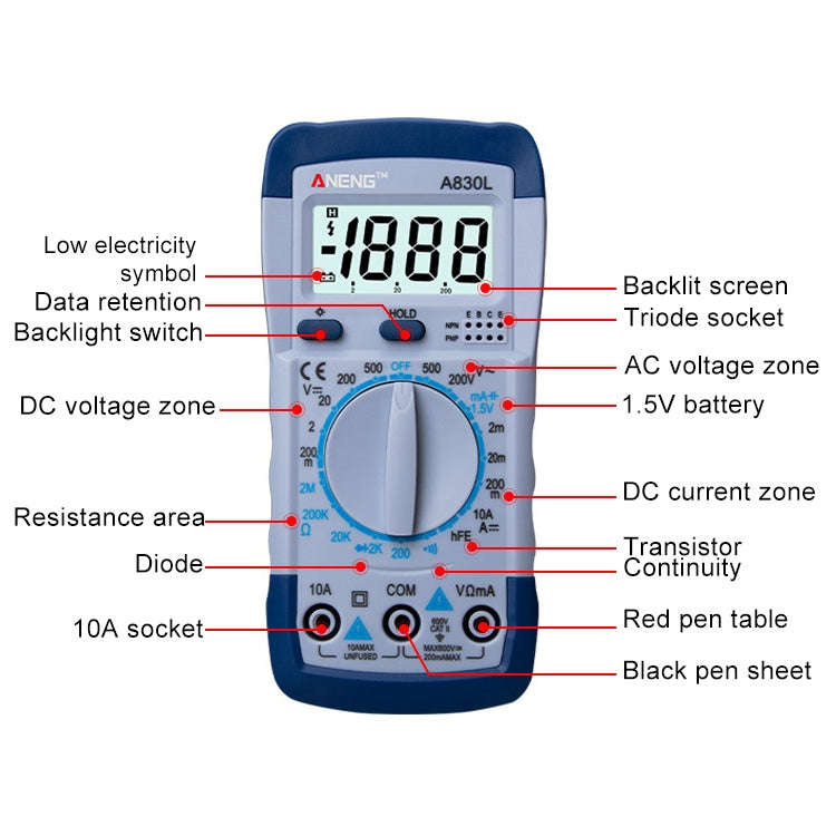 ANENG A830L Handheld Multimeter Household Electrical Instrument (Blue White)